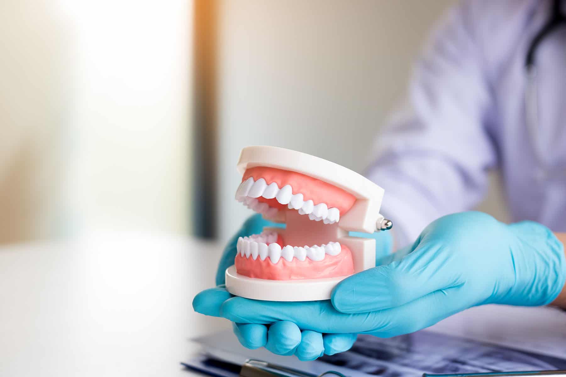 Dentist holding dentures in office room